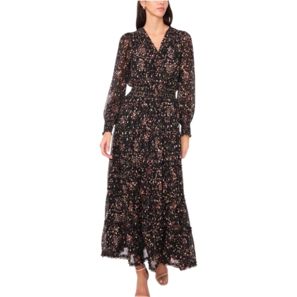 MSK Black Maxi Dress Blush Speckle Print Women's Long Sleeves Smocked Waist Sz M
